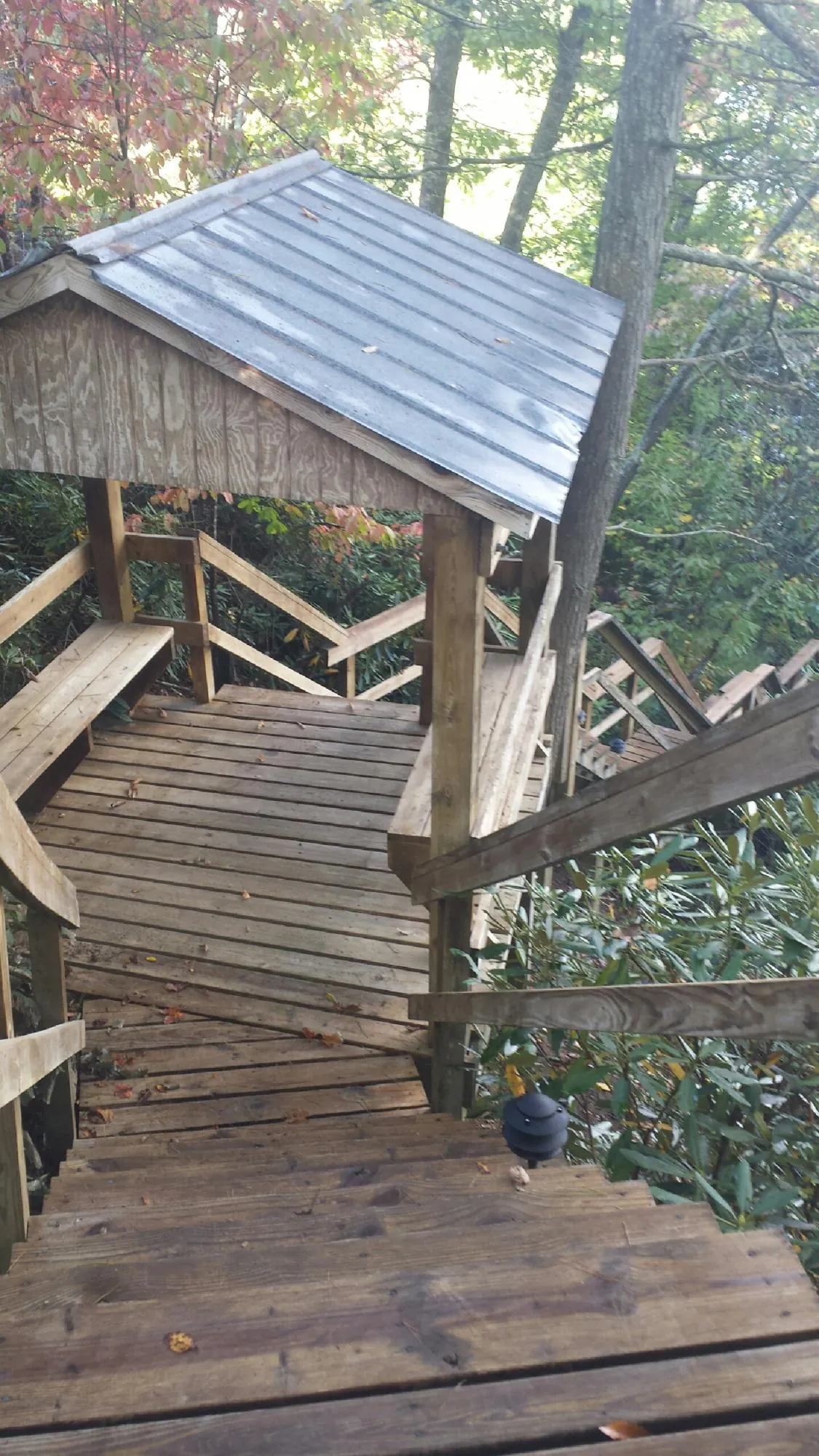 Metal roofed shelter over wooden steps on a wooded walkway — Skylight Repair & Installation work by our crew in Sedgwick
